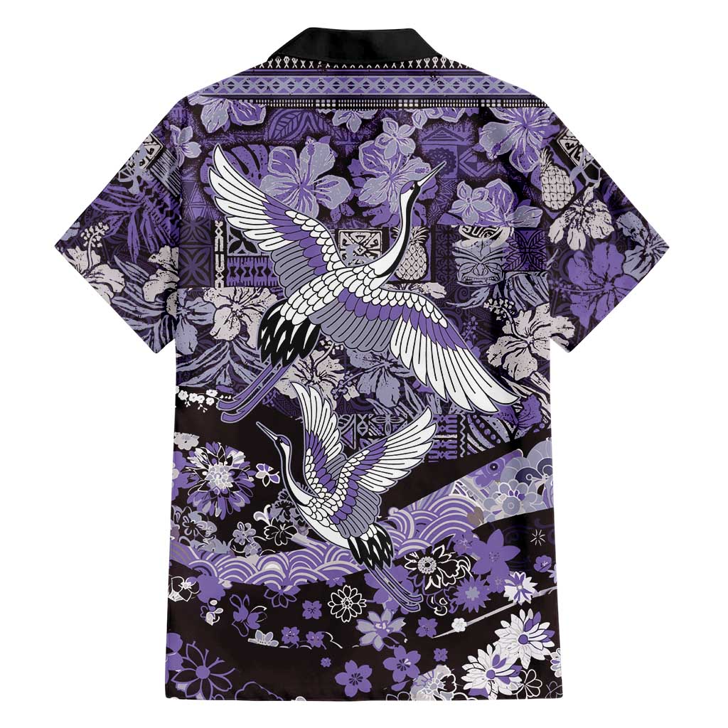 Japanese Hawaiian Crane Family Matching Off The Shoulder Long Sleeve Dress and Hawaiian Shirt Purple Tapa Patchwork Pattern