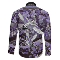 Japanese Hawaiian Crane Family Matching Off The Shoulder Long Sleeve Dress and Hawaiian Shirt Purple Tapa Patchwork Pattern