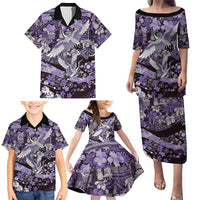 Japanese Hawaiian Crane Family Matching Puletasi and Hawaiian Shirt Purple Tapa Patchwork Pattern LT9 - Polynesian Pride