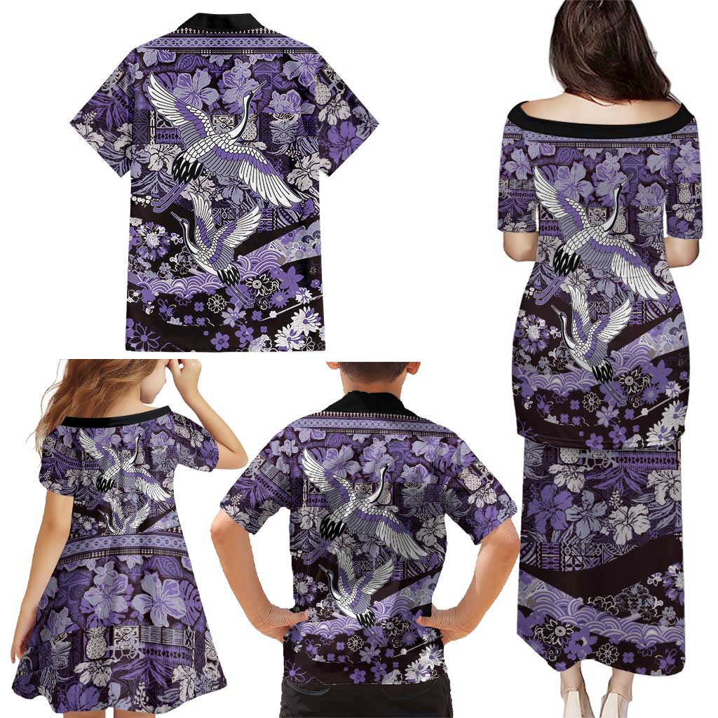 Japanese Hawaiian Crane Family Matching Puletasi and Hawaiian Shirt Purple Tapa Patchwork Pattern LT9 - Polynesian Pride