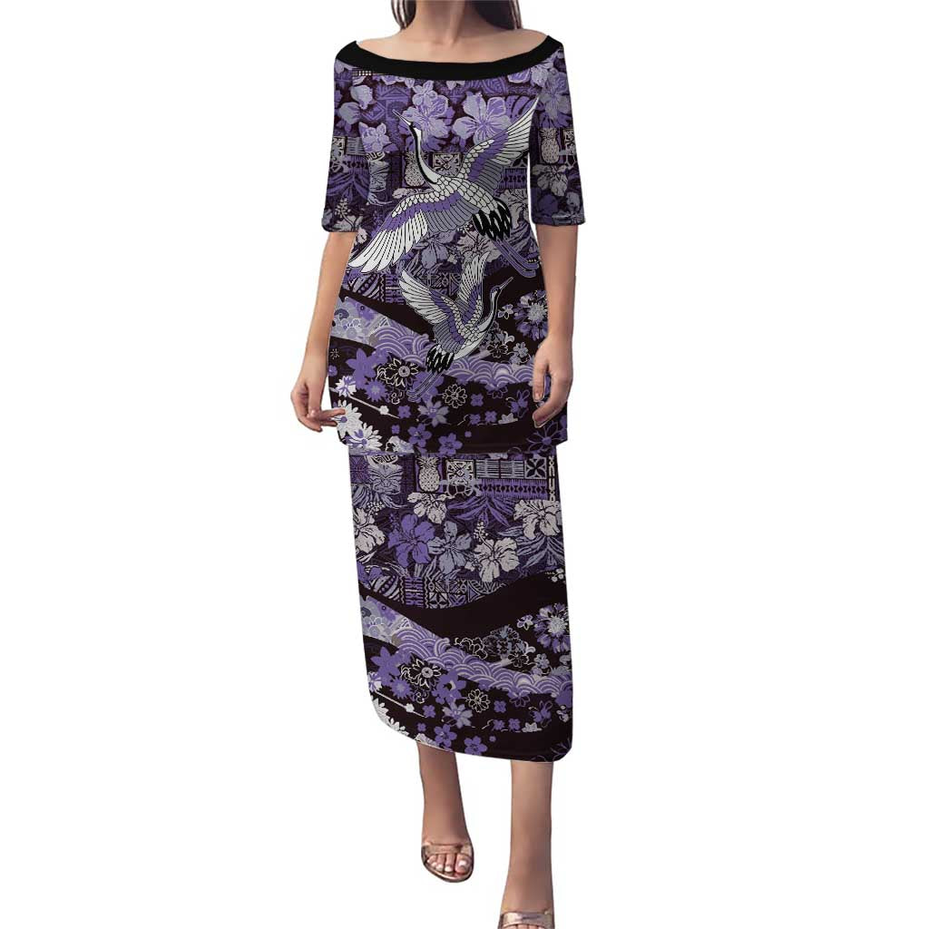 Japanese Hawaiian Crane Family Matching Puletasi and Hawaiian Shirt Purple Tapa Patchwork Pattern LT9 Mom's Dress Purple - Polynesian Pride