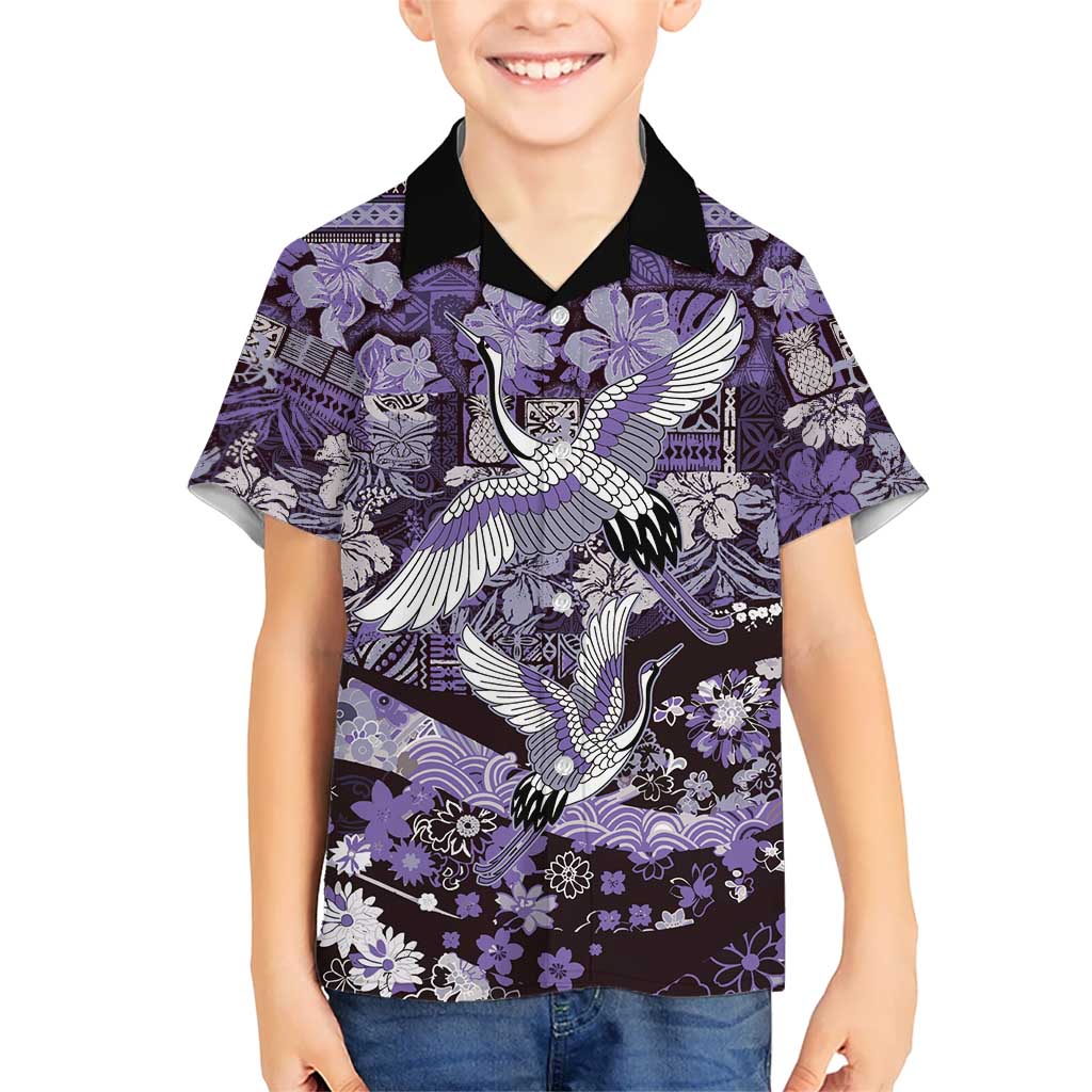Japanese Hawaiian Crane Family Matching Puletasi and Hawaiian Shirt Purple Tapa Patchwork Pattern LT9 Son's Shirt Purple - Polynesian Pride