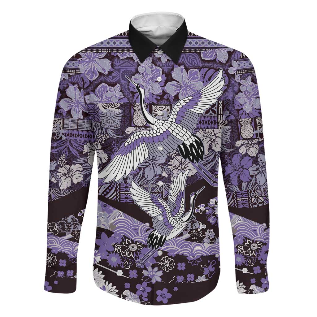 Japanese Hawaiian Crane Family Matching Summer Maxi Dress and Hawaiian Shirt Purple Tapa Patchwork Pattern LT9 Dad's Shirt - Long Sleeve Purple - Polynesian Pride