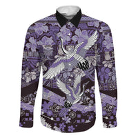 Japanese Hawaiian Crane Family Matching Summer Maxi Dress and Hawaiian Shirt Purple Tapa Patchwork Pattern LT9 Dad's Shirt - Long Sleeve Purple - Polynesian Pride
