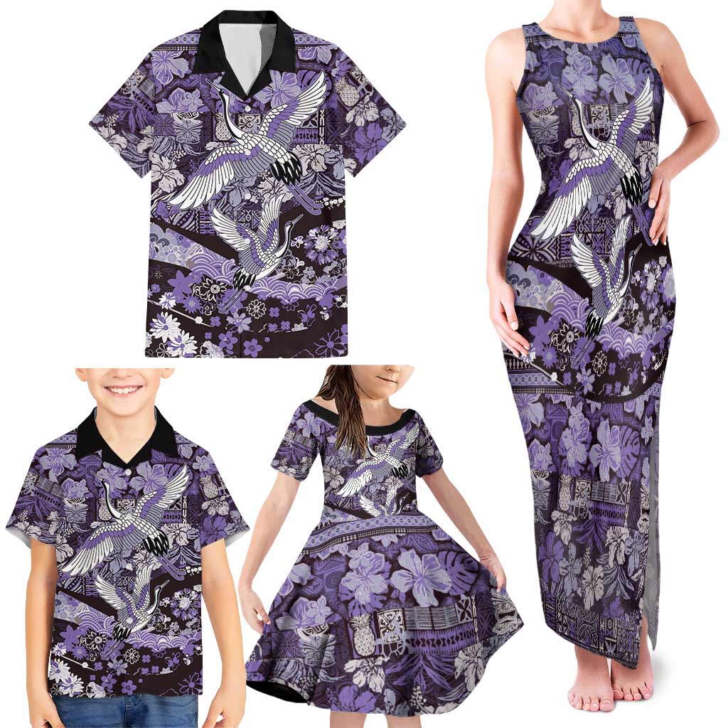 Japanese Hawaiian Crane Family Matching Tank Maxi Dress and Hawaiian Shirt Purple Tapa Patchwork Pattern LT9 - Polynesian Pride