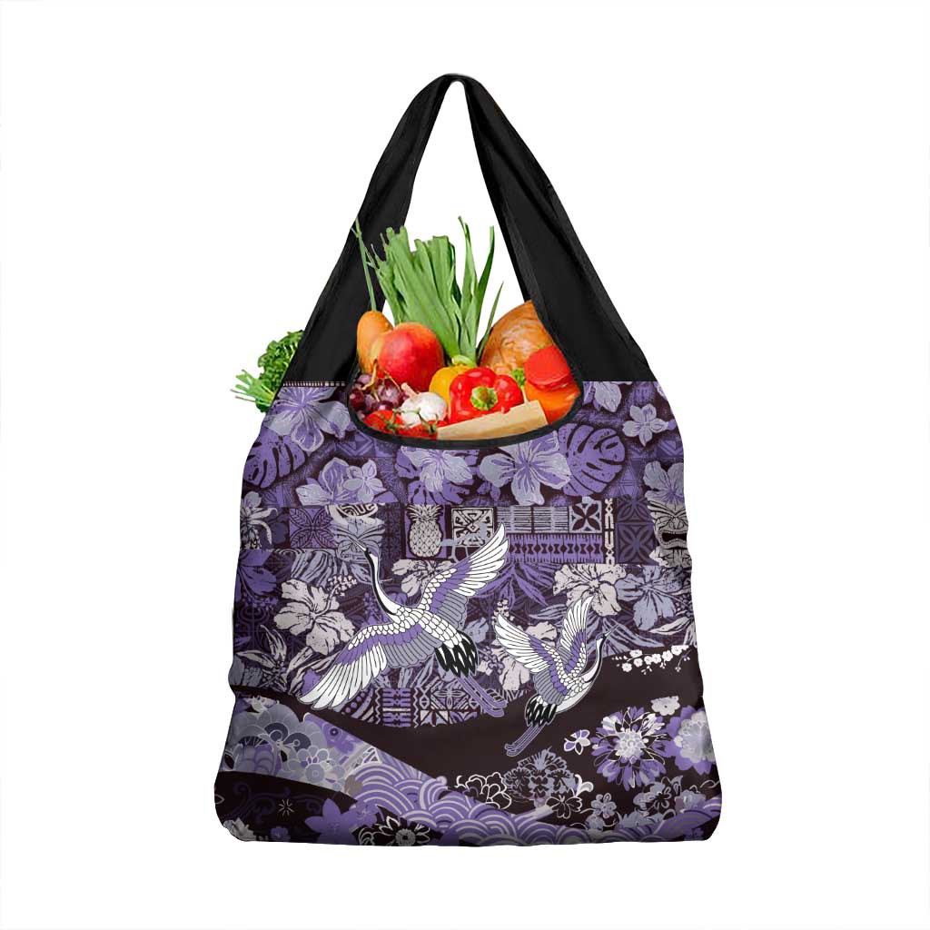Japanese Hawaiian Crane Grocery Bag Purple Tapa Patchwork Pattern LT9 1-pack One Size Purple - Polynesian Pride