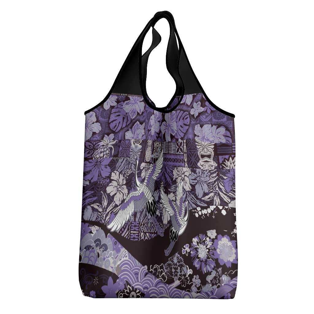Japanese Hawaiian Crane Grocery Bag Purple Tapa Patchwork Pattern LT9 - Polynesian Pride