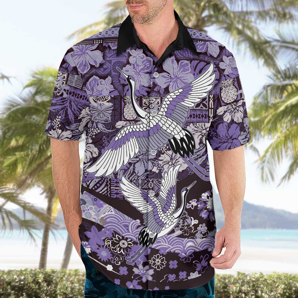 Japanese Hawaiian Crane Hawaiian Shirt Purple Tapa Patchwork Pattern