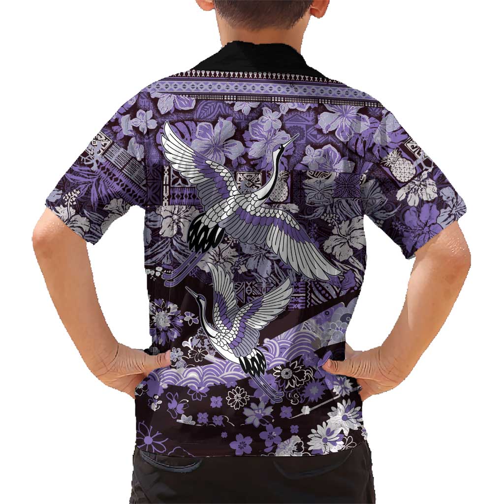 Japanese Hawaiian Crane Hawaiian Shirt Purple Tapa Patchwork Pattern