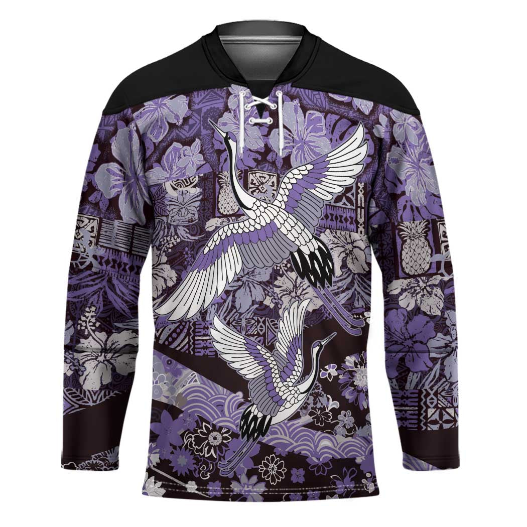 Japanese Hawaiian Crane Hockey Jersey Purple Tapa Patchwork Pattern LT9 Unisex Purple - Polynesian Pride