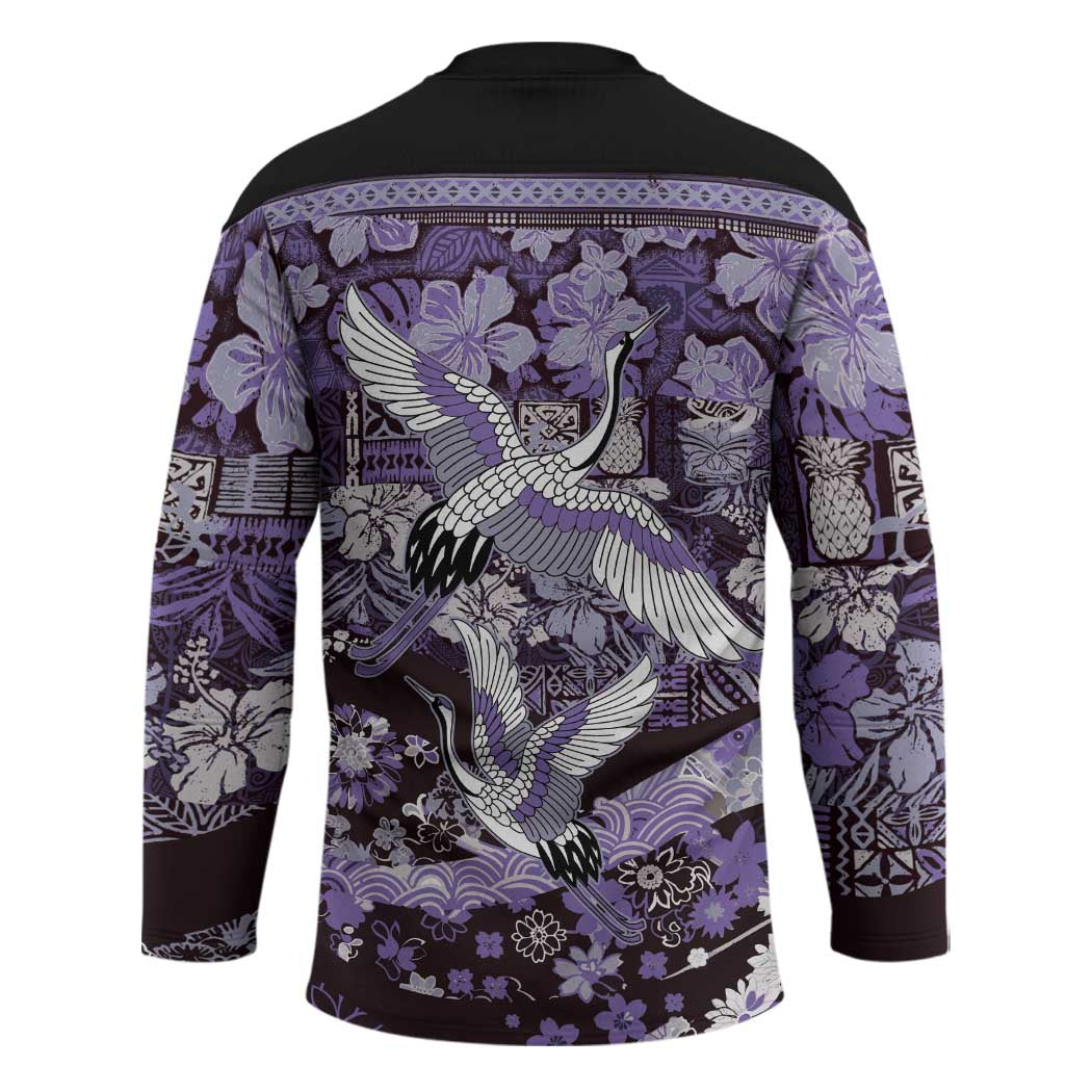 Japanese Hawaiian Crane Hockey Jersey Purple Tapa Patchwork Pattern LT9 - Polynesian Pride