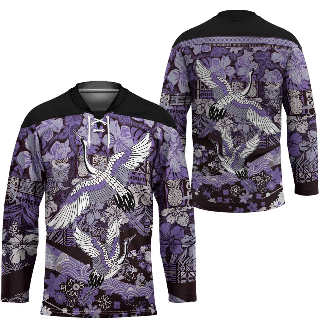 Japanese Hawaiian Crane Hockey Jersey Purple Tapa Patchwork Pattern LT9 - Polynesian Pride