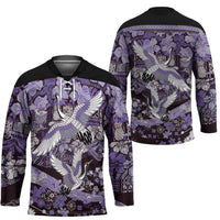 Japanese Hawaiian Crane Hockey Jersey Purple Tapa Patchwork Pattern LT9 - Polynesian Pride