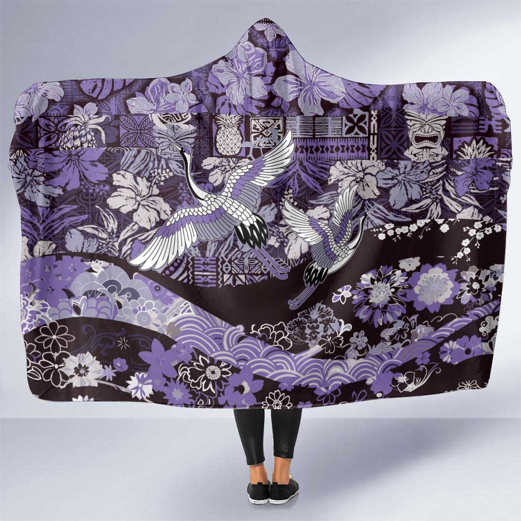 Japanese Hawaiian Crane Hooded Blanket Purple Tapa Patchwork Pattern LT9 One Size Purple - Polynesian Pride