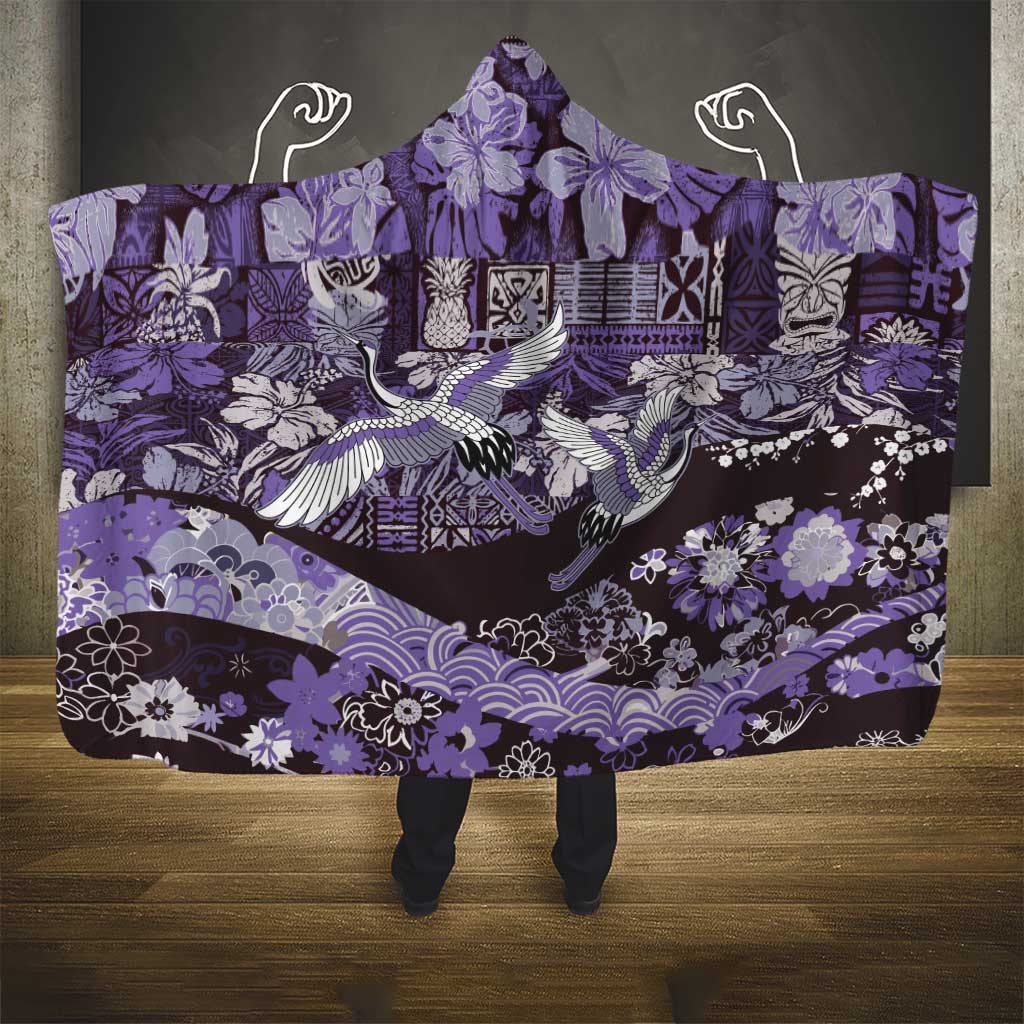 Japanese Hawaiian Crane Hooded Blanket Purple Tapa Patchwork Pattern LT9 - Polynesian Pride