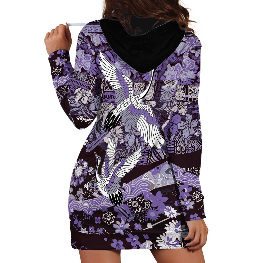 Japanese Hawaiian Crane Hoodie Dress Purple Tapa Patchwork Pattern LT9 - Polynesian Pride