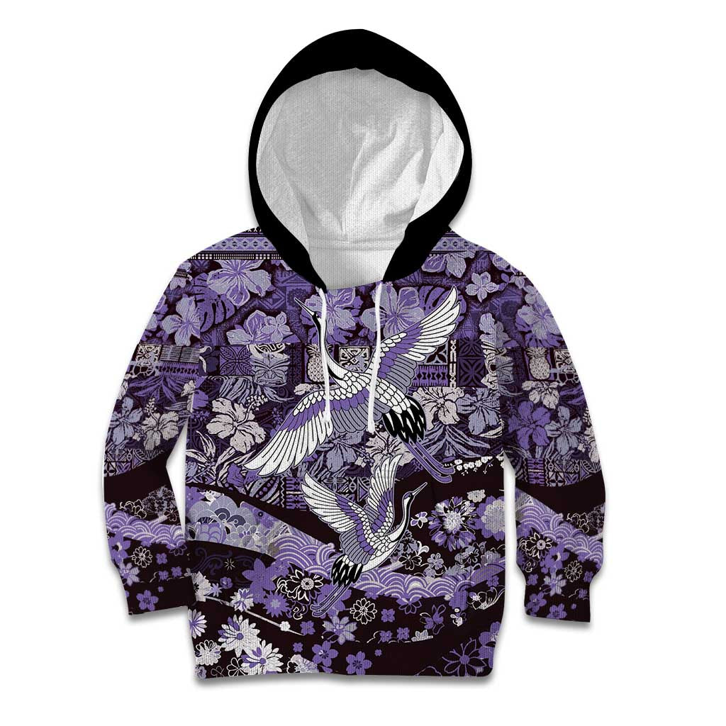 Japanese Hawaiian Crane Kid Hoodie Purple Tapa Patchwork Pattern LT9 Hoodie Purple - Polynesian Pride