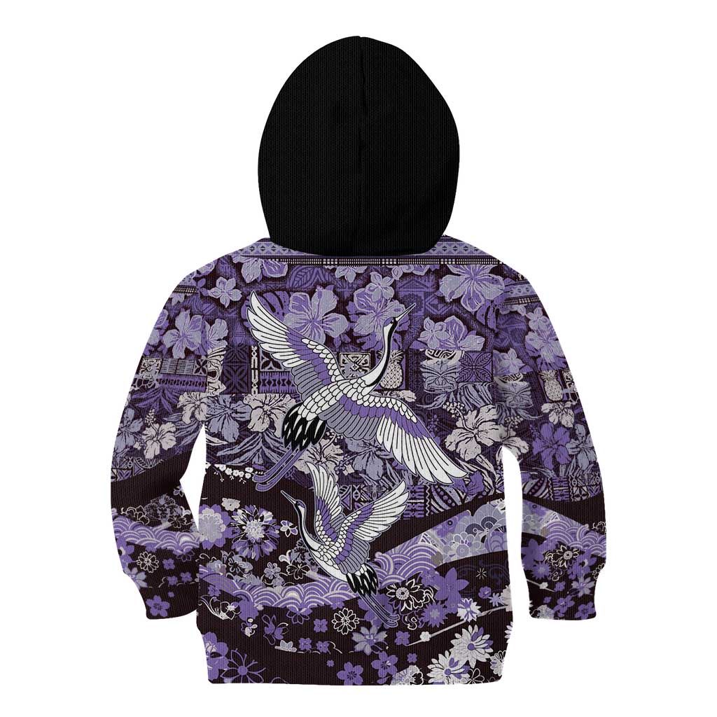 Japanese Hawaiian Crane Kid Hoodie Purple Tapa Patchwork Pattern LT9 - Polynesian Pride