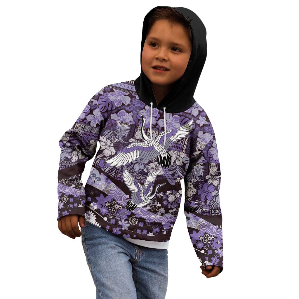 Japanese Hawaiian Crane Kid Hoodie Purple Tapa Patchwork Pattern LT9 - Polynesian Pride
