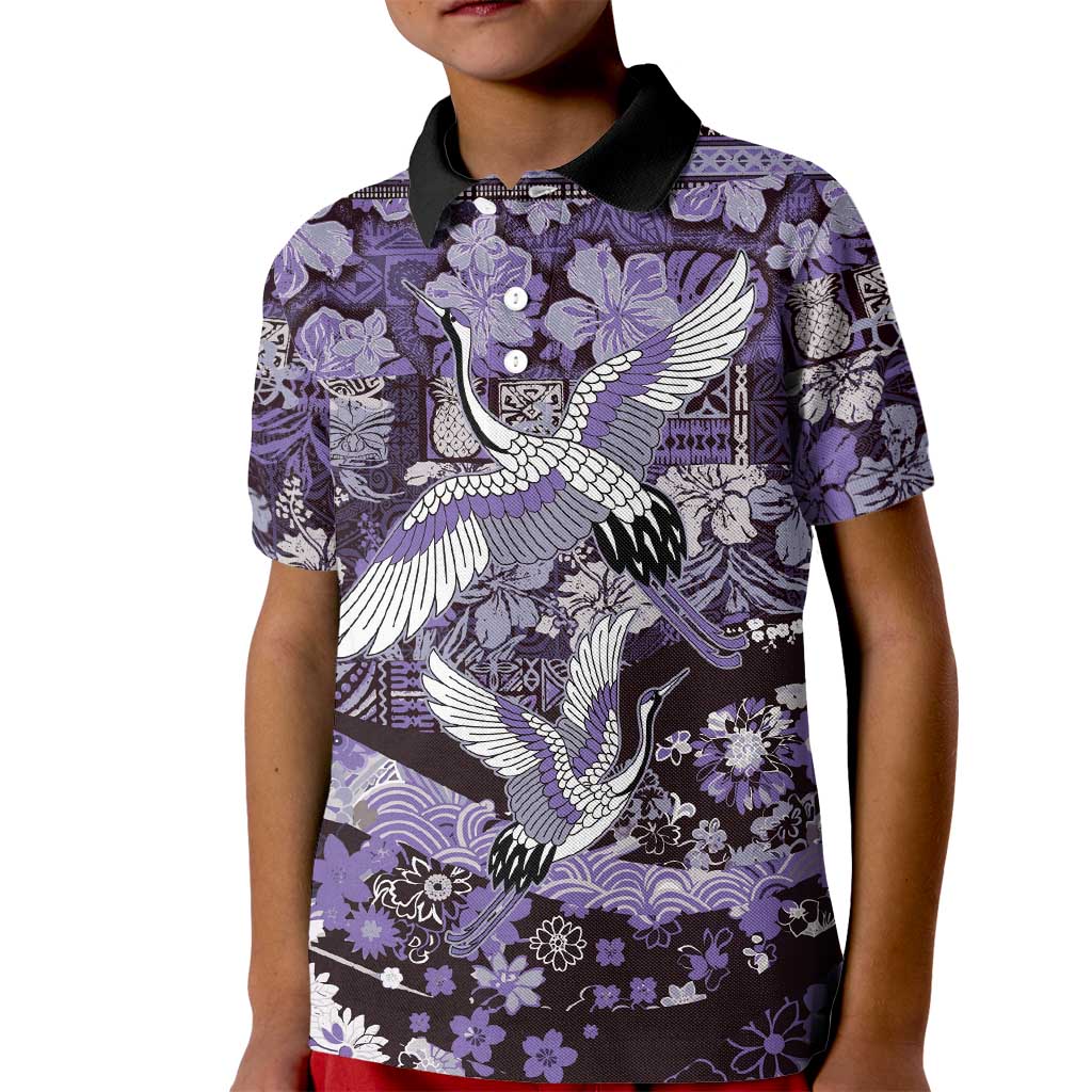 Japanese Hawaiian Crane Kid Polo Shirt Purple Tapa Patchwork Pattern LT9 Kid Purple - Polynesian Pride