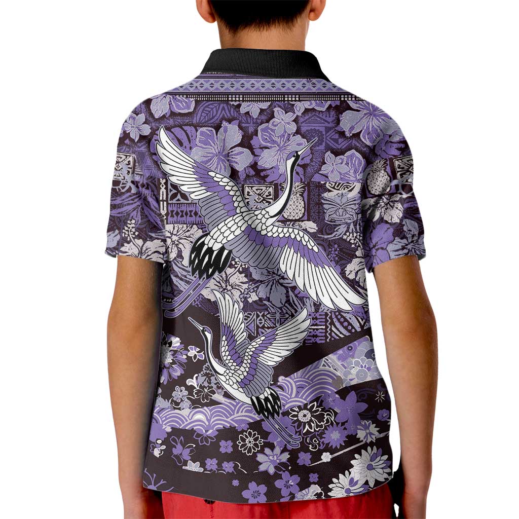 Japanese Hawaiian Crane Kid Polo Shirt Purple Tapa Patchwork Pattern LT9 - Polynesian Pride