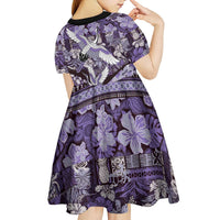 Japanese Hawaiian Crane Kid Short Sleeve Dress Purple Tapa Patchwork Pattern LT9 - Polynesian Pride