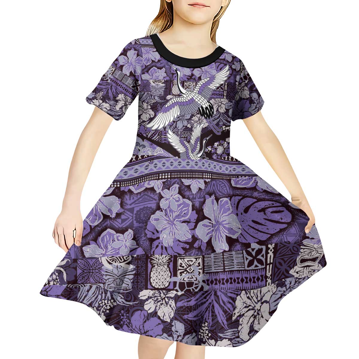 Japanese Hawaiian Crane Kid Short Sleeve Dress Purple Tapa Patchwork Pattern LT9 - Polynesian Pride