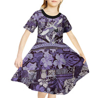 Japanese Hawaiian Crane Kid Short Sleeve Dress Purple Tapa Patchwork Pattern LT9 - Polynesian Pride