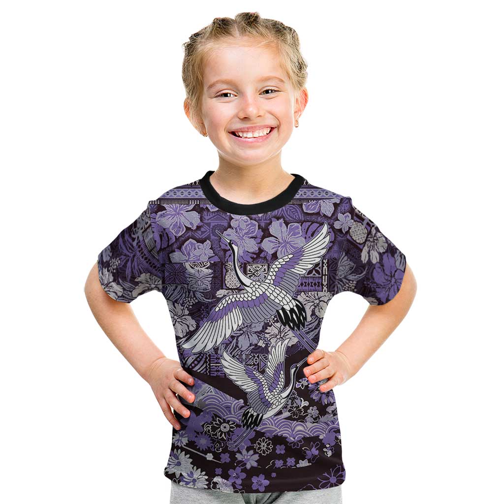 Japanese Hawaiian Crane Kid T Shirt Purple Tapa Patchwork Pattern LT9 Purple - Polynesian Pride
