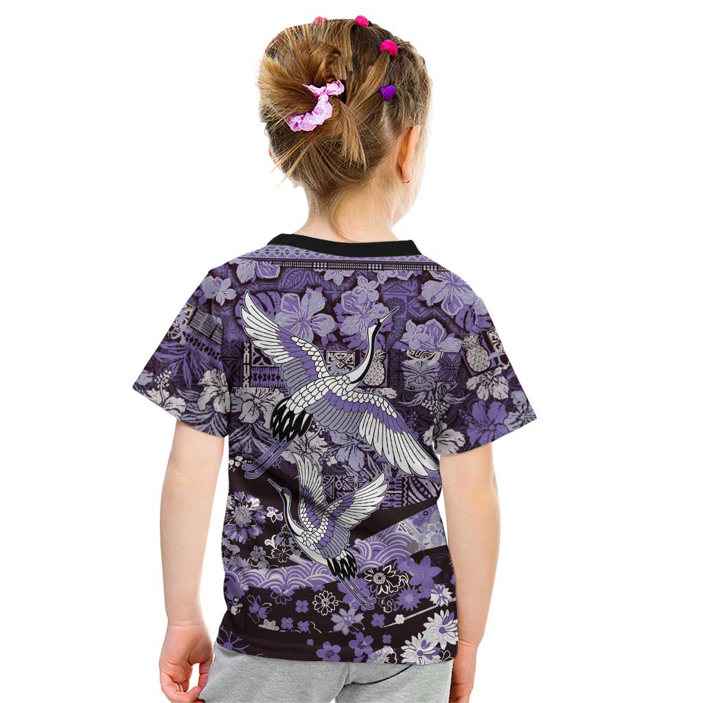 Japanese Hawaiian Crane Kid T Shirt Purple Tapa Patchwork Pattern LT9 - Polynesian Pride