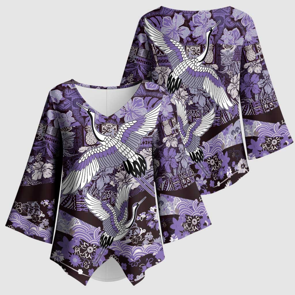 Japanese Hawaiian Crane Kimono Sleeve Blouse Purple Tapa Patchwork Pattern LT9 - Polynesian Pride
