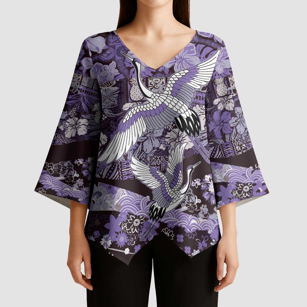 Japanese Hawaiian Crane Kimono Sleeve Blouse Purple Tapa Patchwork Pattern LT9 - Polynesian Pride