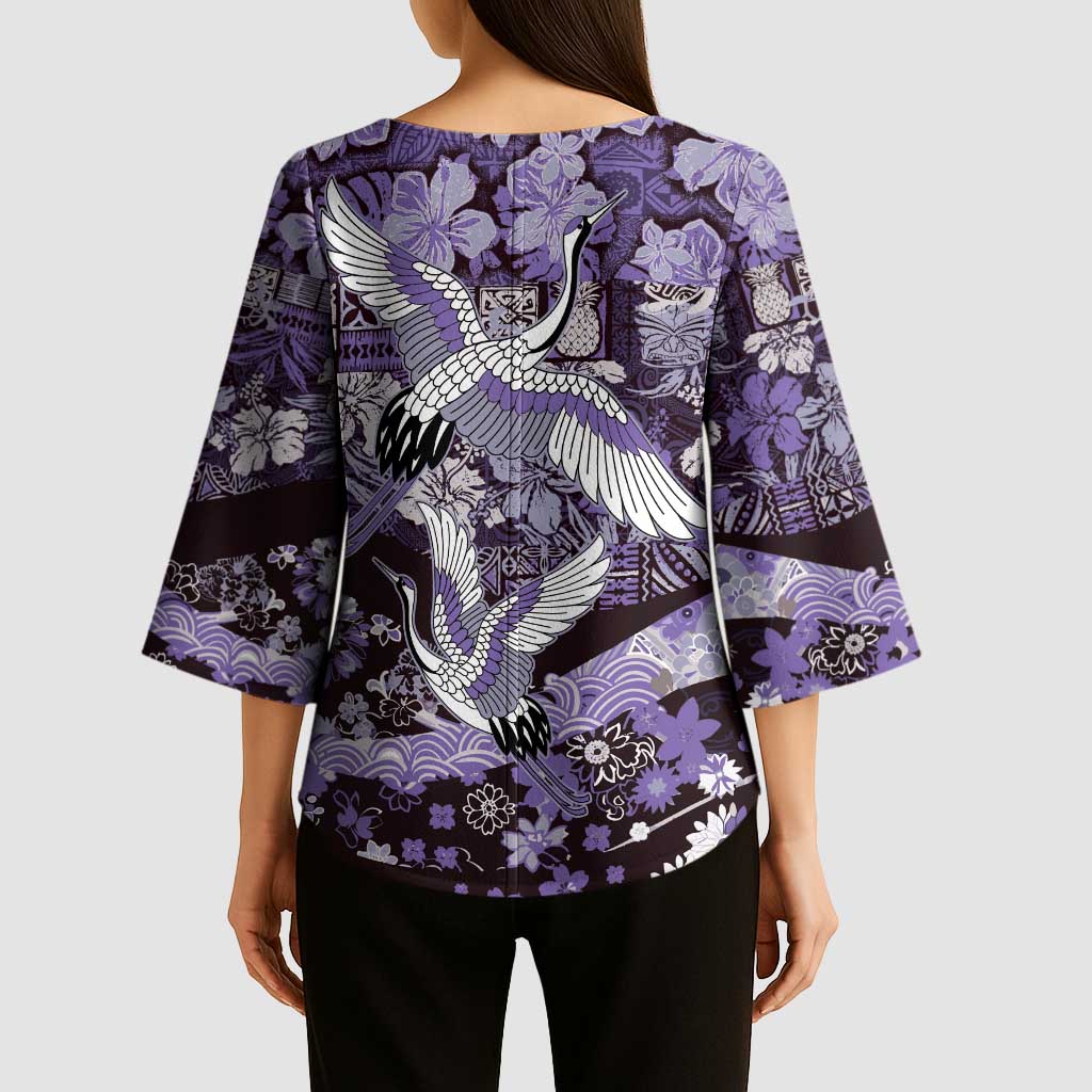 Japanese Hawaiian Crane Kimono Sleeve Blouse Purple Tapa Patchwork Pattern LT9 - Polynesian Pride