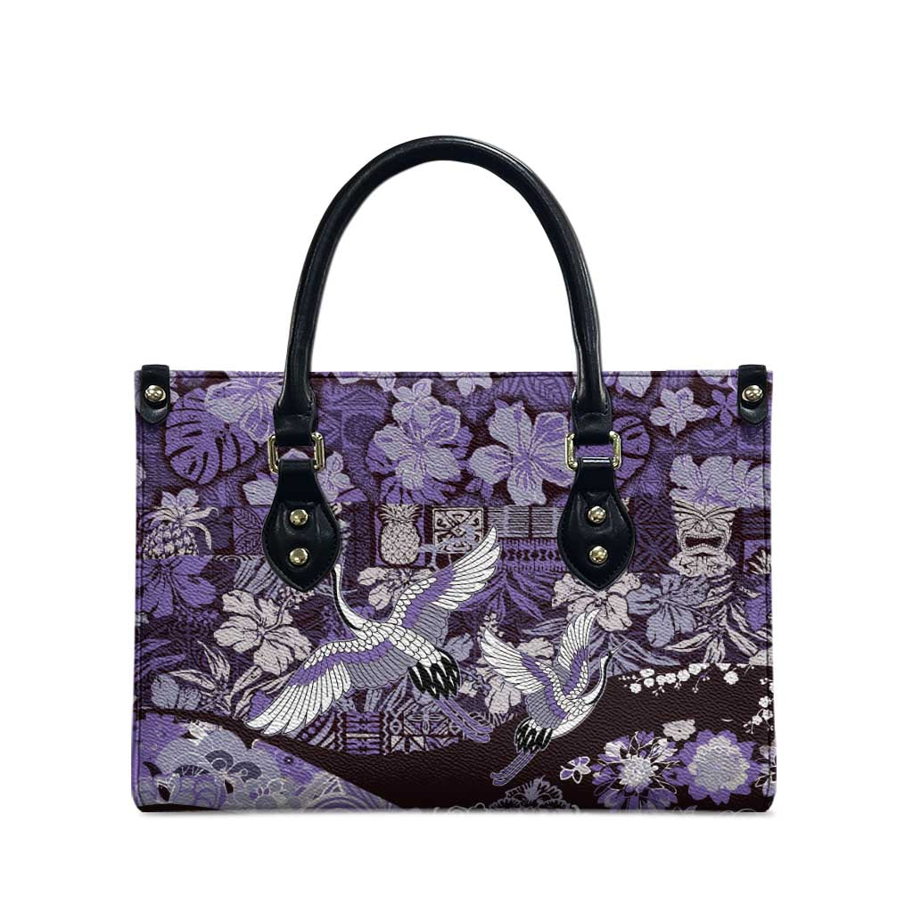 Japanese Hawaiian Crane Leather Bag Purple Tapa Patchwork Pattern LT9 - Polynesian Pride