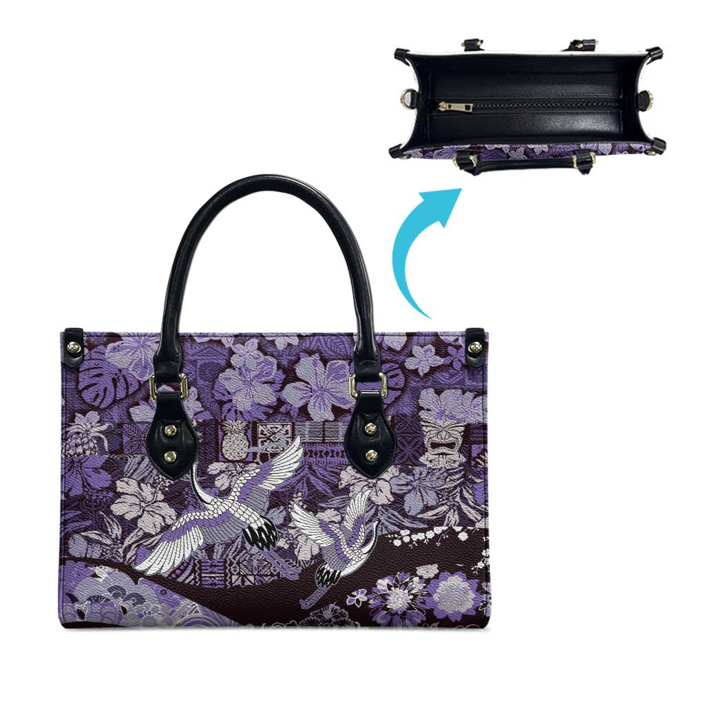 Japanese Hawaiian Crane Leather Bag Purple Tapa Patchwork Pattern LT9 - Polynesian Pride