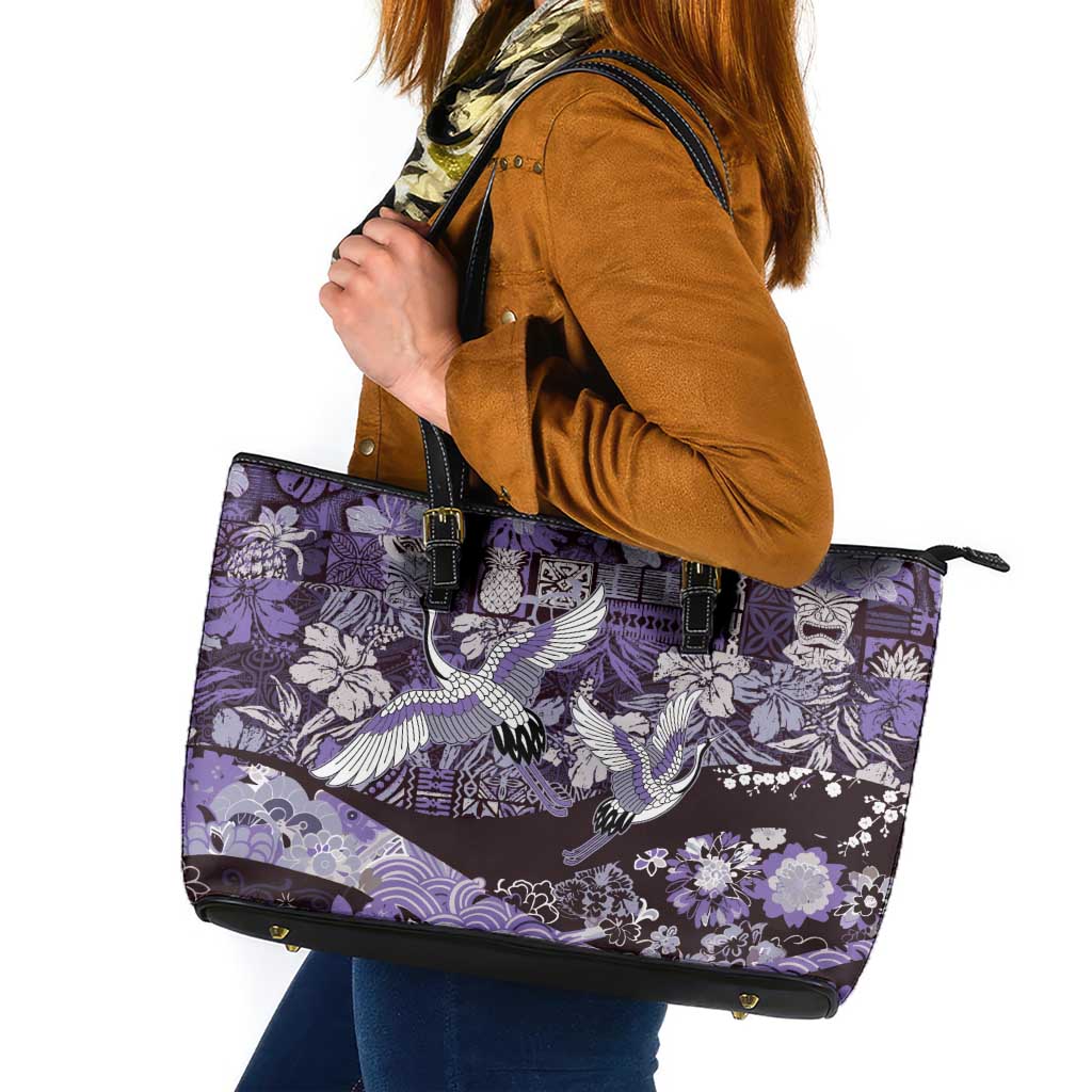 Japanese Hawaiian Crane Leather Tote Bag Purple Tapa Patchwork Pattern LT9 Purple - Polynesian Pride