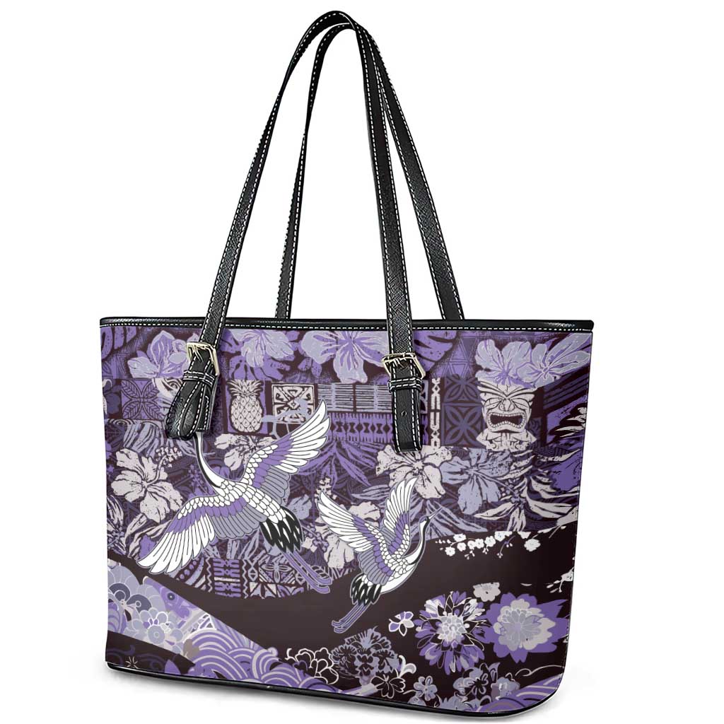 Japanese Hawaiian Crane Leather Tote Bag Purple Tapa Patchwork Pattern LT9 - Polynesian Pride