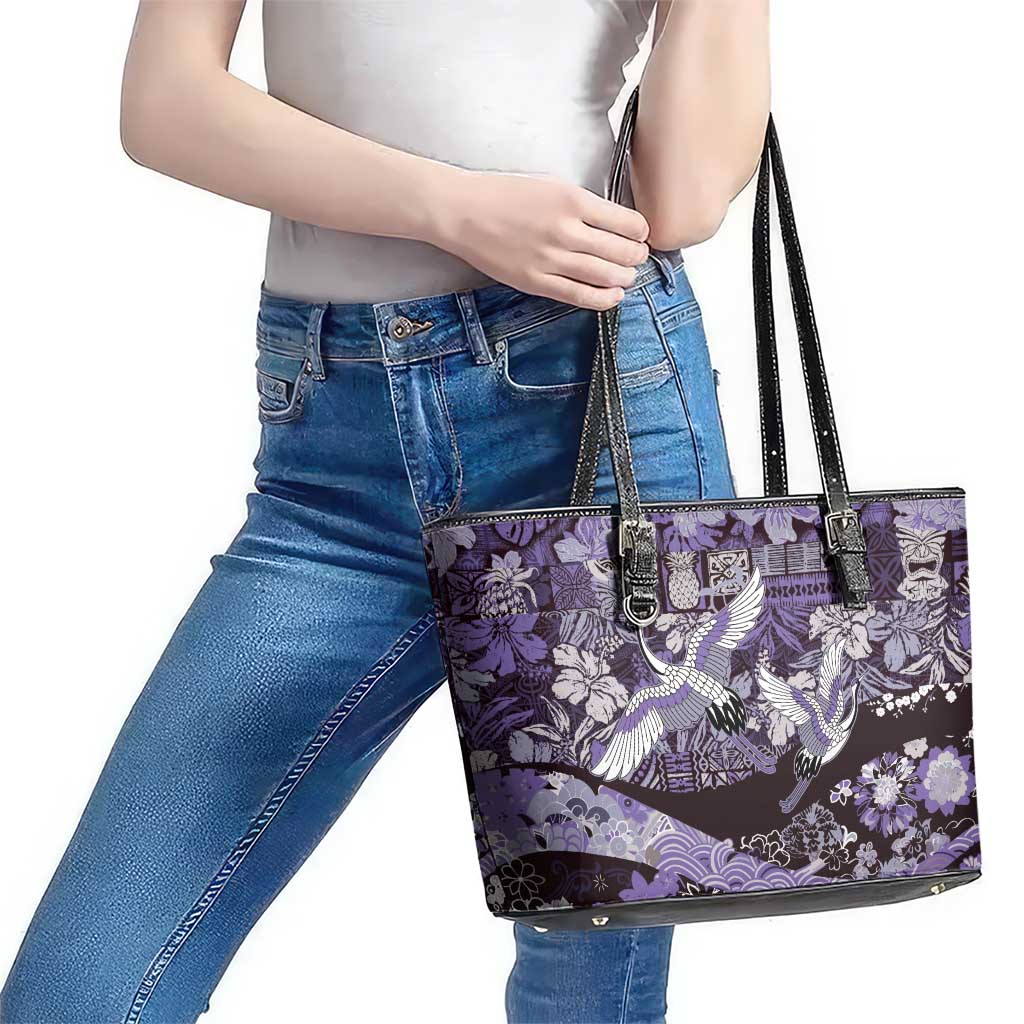 Japanese Hawaiian Crane Leather Tote Bag Purple Tapa Patchwork Pattern LT9 - Polynesian Pride