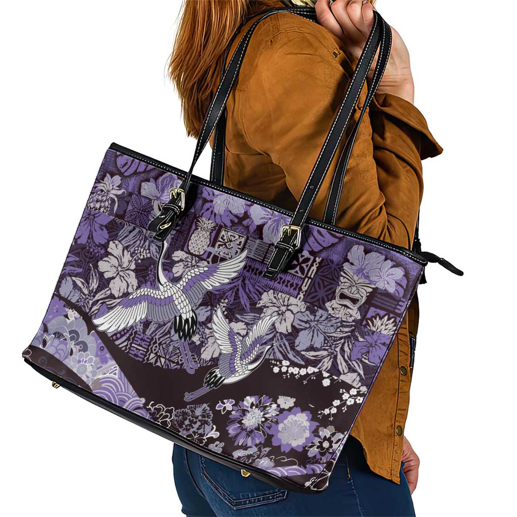 Japanese Hawaiian Crane Leather Tote Bag Purple Tapa Patchwork Pattern LT9 - Polynesian Pride