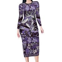 Japanese Hawaiian Crane Long Sleeve Bodycon Dress Purple Tapa Patchwork Pattern LT9 Long Dress Purple - Polynesian Pride