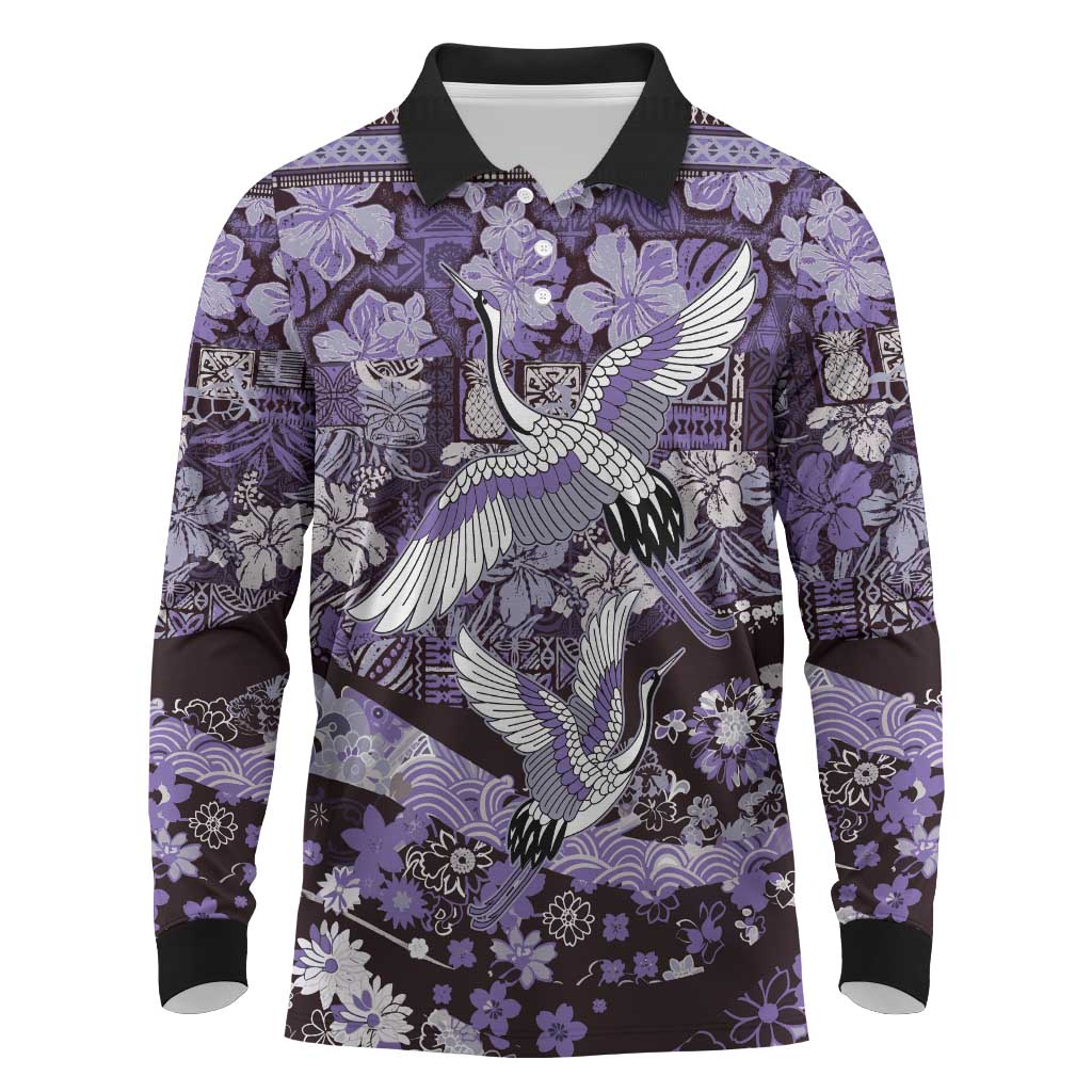 Japanese Hawaiian Crane Long Sleeve Polo Shirt Purple Tapa Patchwork Pattern