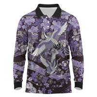 Japanese Hawaiian Crane Long Sleeve Polo Shirt Purple Tapa Patchwork Pattern