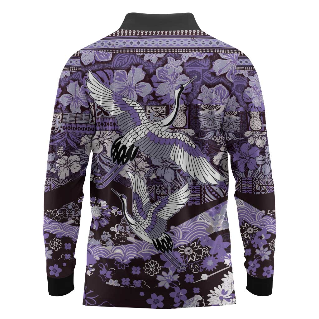 Japanese Hawaiian Crane Long Sleeve Polo Shirt Purple Tapa Patchwork Pattern
