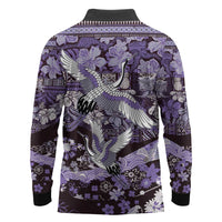 Japanese Hawaiian Crane Long Sleeve Polo Shirt Purple Tapa Patchwork Pattern