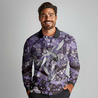Japanese Hawaiian Crane Long Sleeve Polo Shirt Purple Tapa Patchwork Pattern