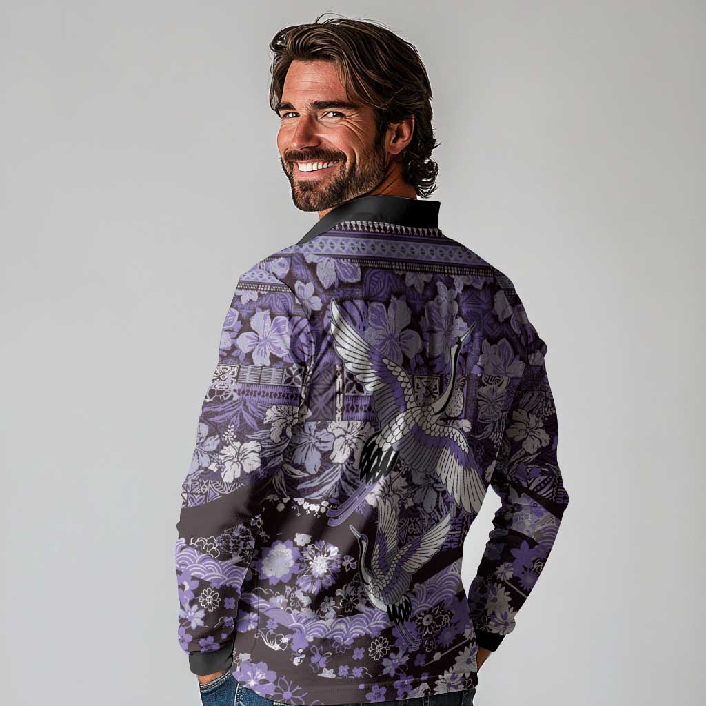 Japanese Hawaiian Crane Long Sleeve Polo Shirt Purple Tapa Patchwork Pattern
