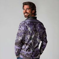 Japanese Hawaiian Crane Long Sleeve Polo Shirt Purple Tapa Patchwork Pattern