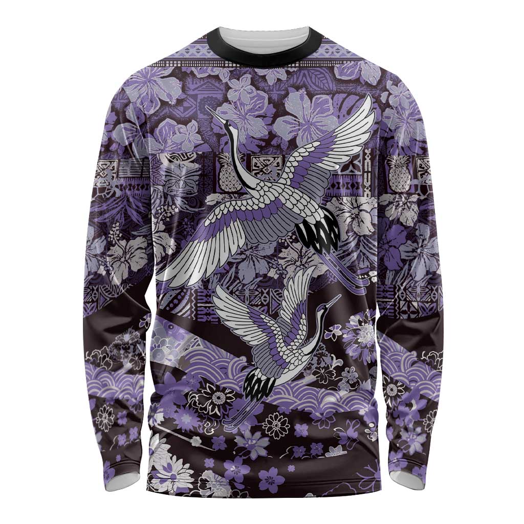 Japanese Hawaiian Crane Long Sleeve Shirt Purple Tapa Patchwork Pattern LT9 Unisex Purple - Polynesian Pride