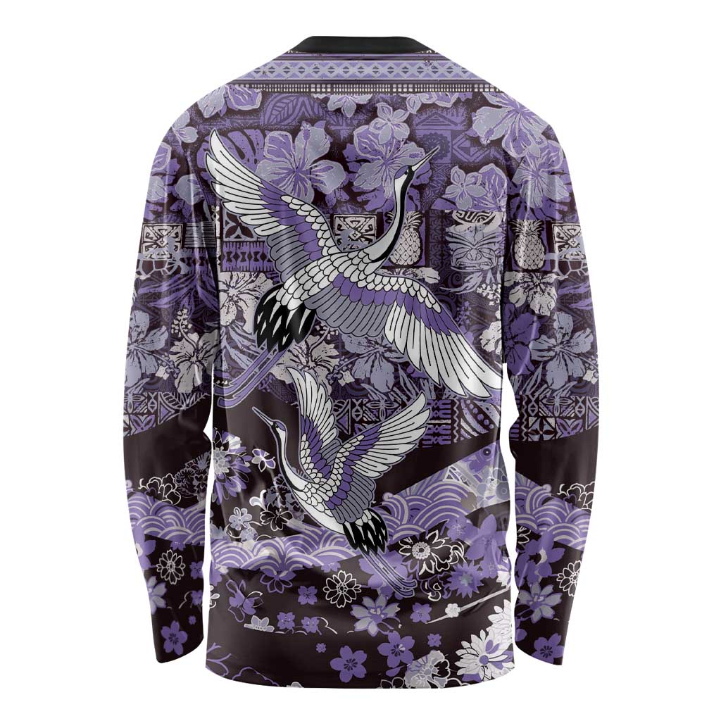 Japanese Hawaiian Crane Long Sleeve Shirt Purple Tapa Patchwork Pattern LT9 - Polynesian Pride