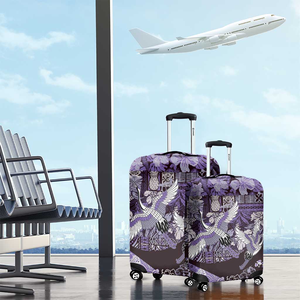 Japanese Hawaiian Crane Luggage Cover Purple Tapa Patchwork Pattern
